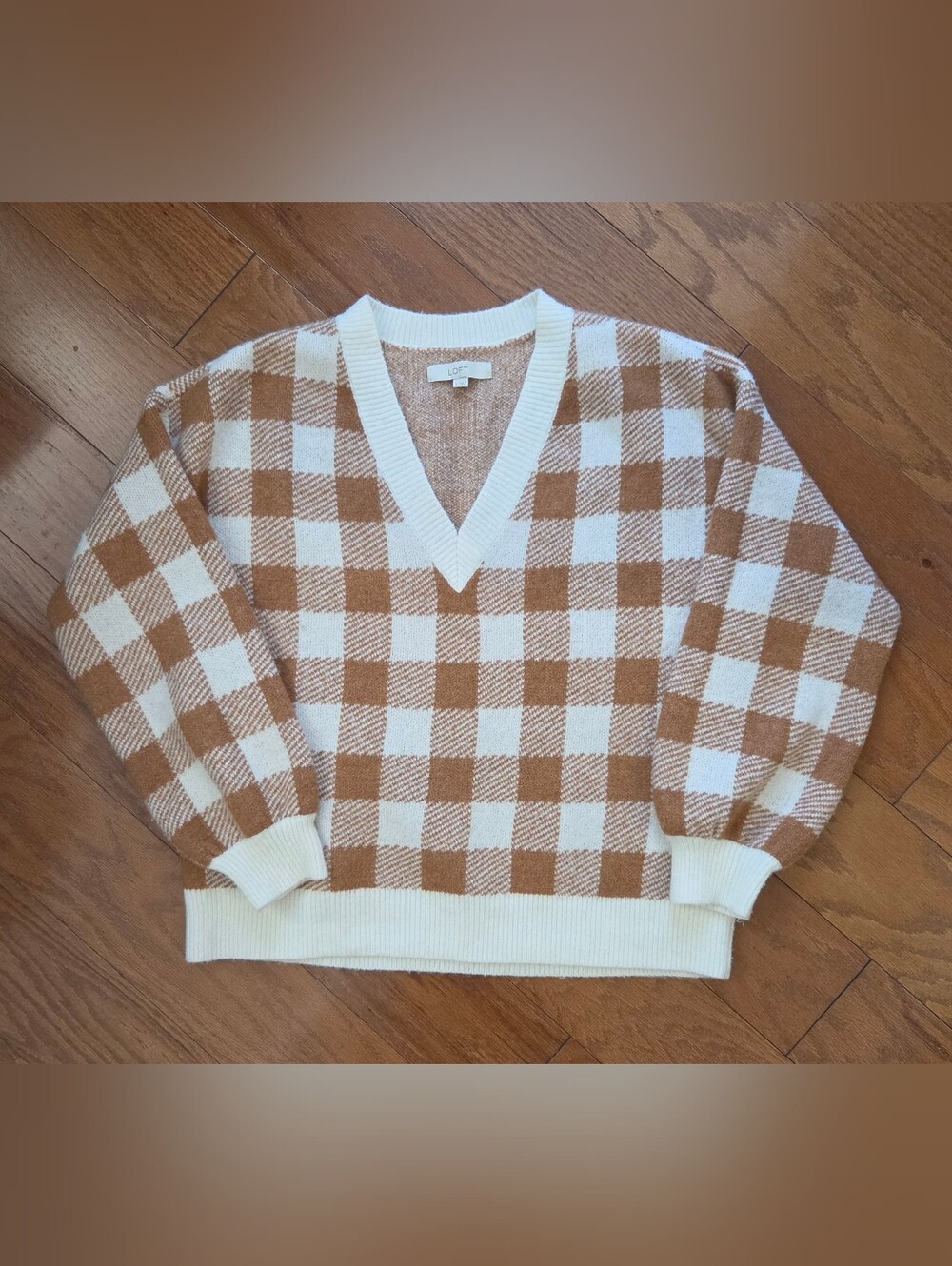 LOFT Buffalo Plaid V-Neck Oversized Slouchy Knit Sweater Brown Cream Large